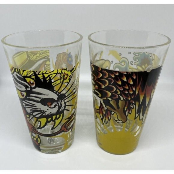 Ed Hardy 16oz Drinking Glass Christian Audigier Mermaid/Eagle & Tiger/Lei Girl - Picture 4 of 11